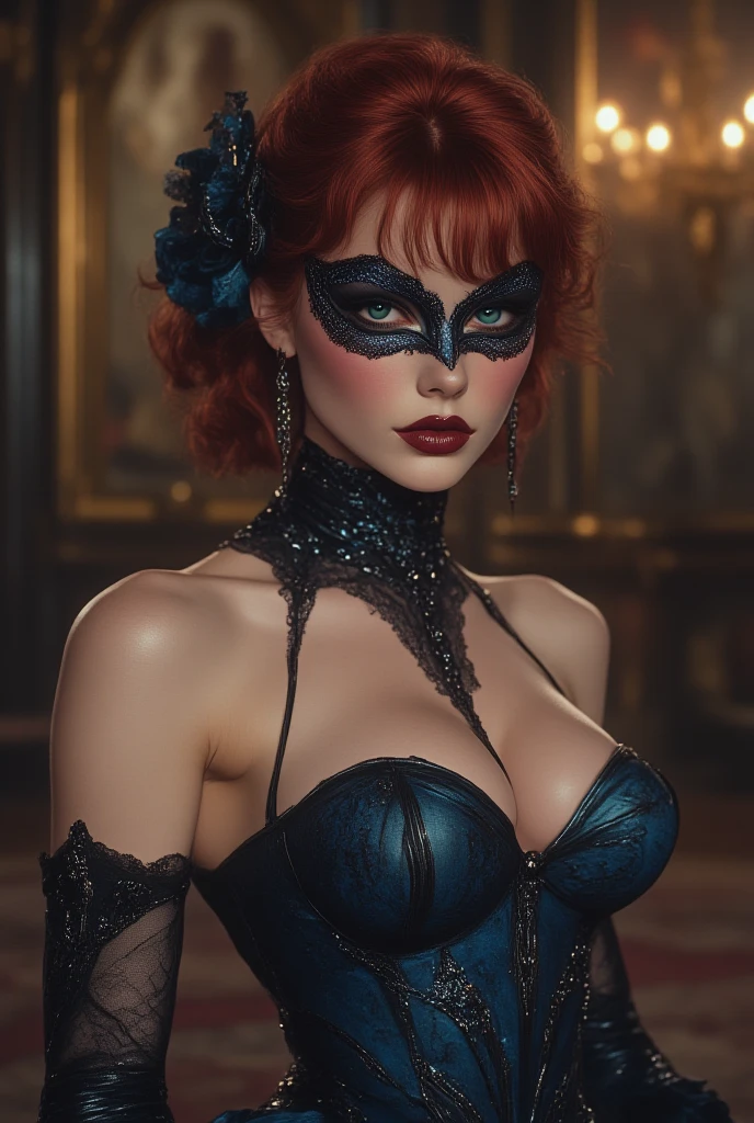 a young woman, beautiful and powerful, enviable features, Thick lips background, bright emerald green eyes, reddish hair with bangs collected high and polished, with an elegant bow with loose waves. A dark comb to maintain the harmony of the look. She wears a deep navy blue dress. Slim and long cut, stylizing the figure in an elegant way. Crossed halter neckline, that provides a modern and refined touch. Transparent tulle panel with floral embroidery on the waist, generating a sensual but subtle contrast. Detail de choker negro, that accentuates the neck. A black lace mask with dark blue details. Discreet rhinestones, maintaining the balance between the mysterious and the glamorous, covering only the eyes and accentuating the look.Long black mesh gloves, adding a touch of drama and elegance. It is in a luxurious and elegant ballroom of a palace. masked ball. it's night. perspective, slightly in profile, her look is mesmerizing. POWERFUL ASPECT. real oil painting. high resolution jockstrap, masterpiece, Anatomically correct, Precise, Detail, Details altos, Very detailed, high quality, quality, Model HD. movie, Cinematography, digital art, Hyperrealism, Hyperdetailed, blurred, Shine, depth of field.