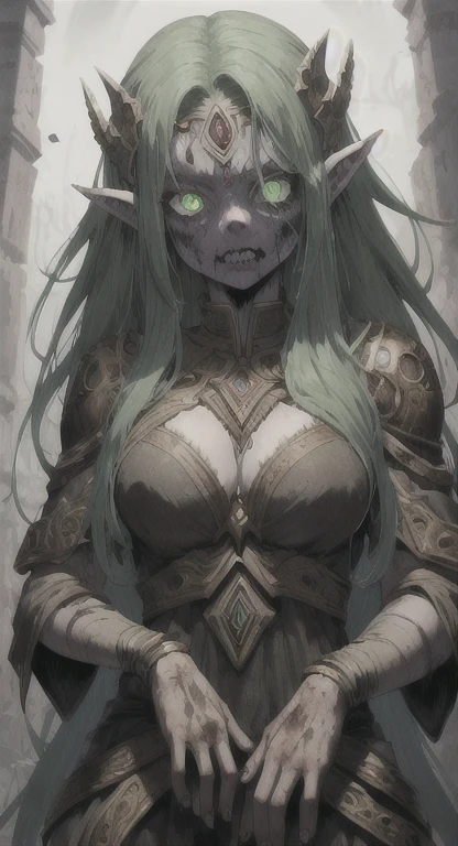 Overgrown hell life, goblin girl Vunxia, cracked skin, green skin, black veins, loincloth,