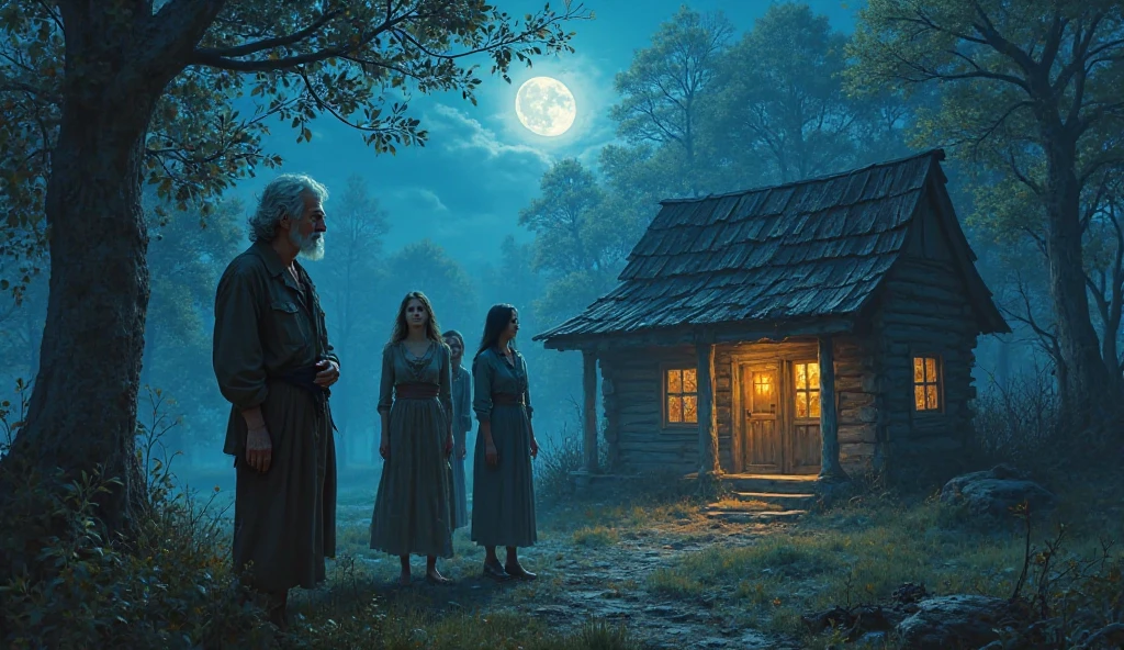 An old man, a rural man and three women in their thirties standing in the forest in front of an old rural house. The atmosphere is full of mystery and excitement at night and the sky is blue


