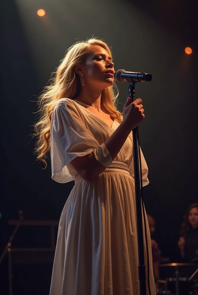 a smiling singer, arms outstretched,, a 30 years old woman, very long blond hair, blue eyes, slim, she wears a futurist cream and blue dress made from a mix of printed circuit board alloy, no background