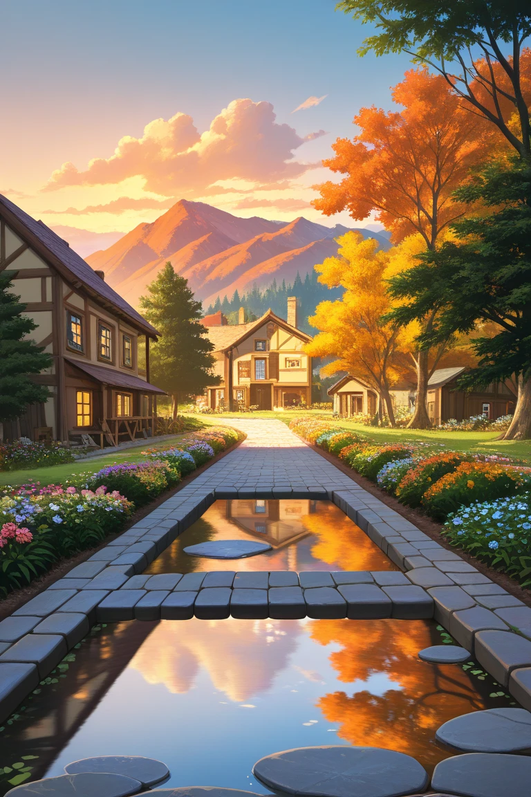 a small village by the river, mountains in the background, floral flowers colorful, detailed landscape, Beautiful natural landscapes, atmospheric lighting, scorching sunset, warm colours, practical, photopractical, Detailed Foliage, complex buildings, cobblestone street, Charming country house, swirly vibrant colors, lush vegetation, Still water reflections, Picturesque, idyllic, work of art, best qualityer, 8k, extremely detaild,anime styling