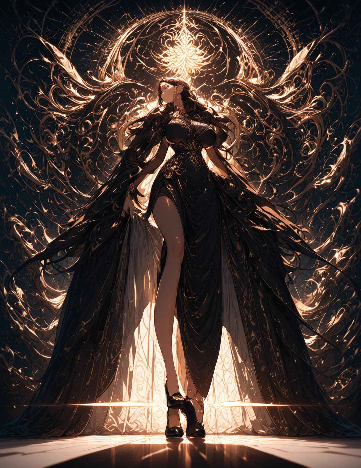 Photoshoot of a Beautiful full body woman in Wonder dress made of shimer and ethereal fabric from the Christmas Retro-Futuristic, Art Nouveau, double exposure. lines art, dark fantasy, acrylic masterpiece in the style of Craola, Andy Kehoe, Dorian Vallejo, Damian Lechoszest, Todd Lockwood.