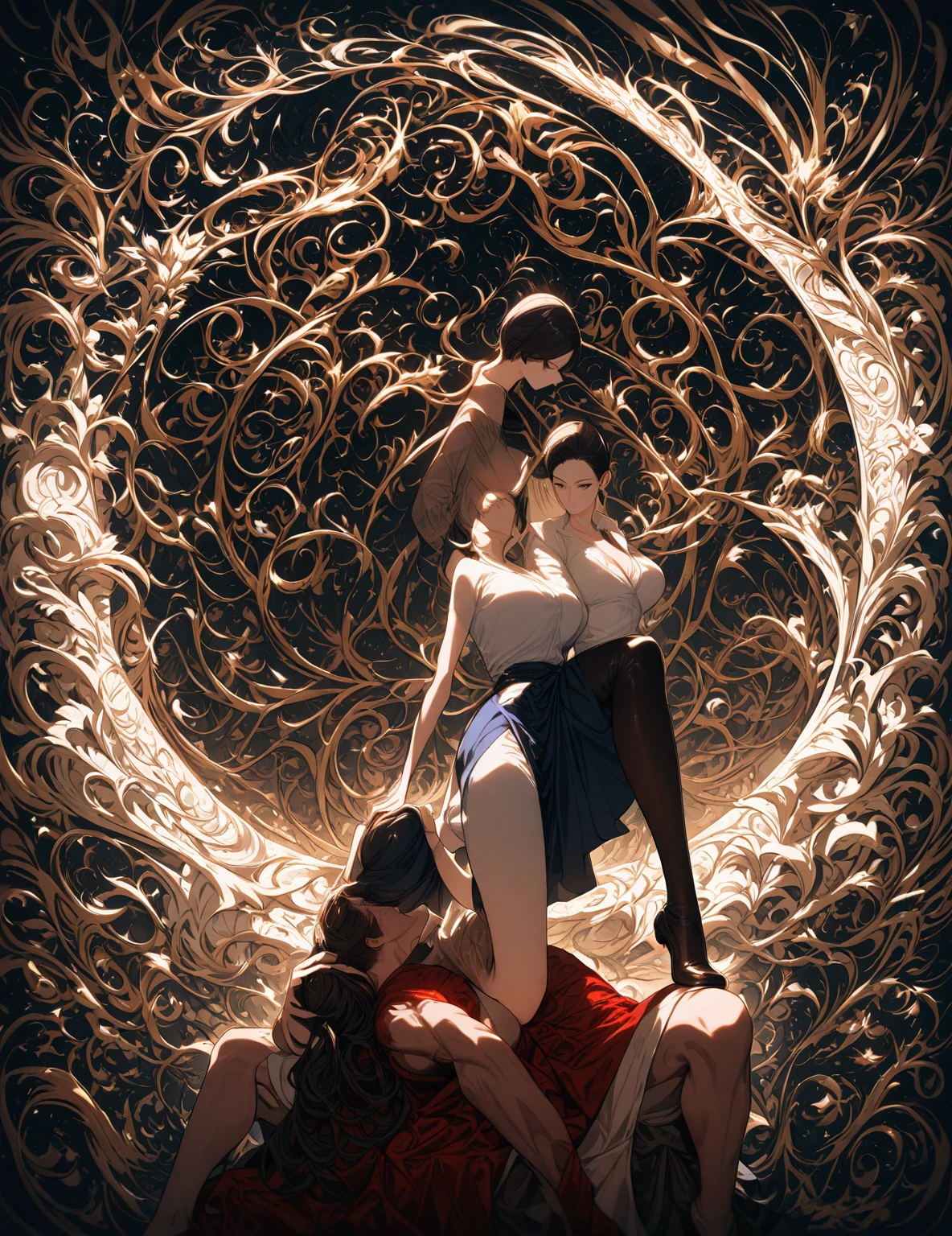 ((A beautiful, sexy, tall wife with big breasts is looking down on her husband, who is very short, thin, and severely weakened. The woman's foot is stepping on the man's head)), the woman and man make eye contact, the woman is laughing cruelly and the man is laughing servilely.(Rating: Safe), LWRD, CFNM, FEMDOM, masterpiece, best quality, amazing quality, detailed background, intricate details, illustration, an extremely delicate and beautiful, extremely detailed, incredibly absurd res, absolutely resolution, ultra high res, 8k, extremely beautiful CG, high definition pictures, all intricate, raytraced, textile shading, sharp focus, dynamic lighting, cinematic deep shadows, Entire sharp focus, raw photos, perfect anatomy, 