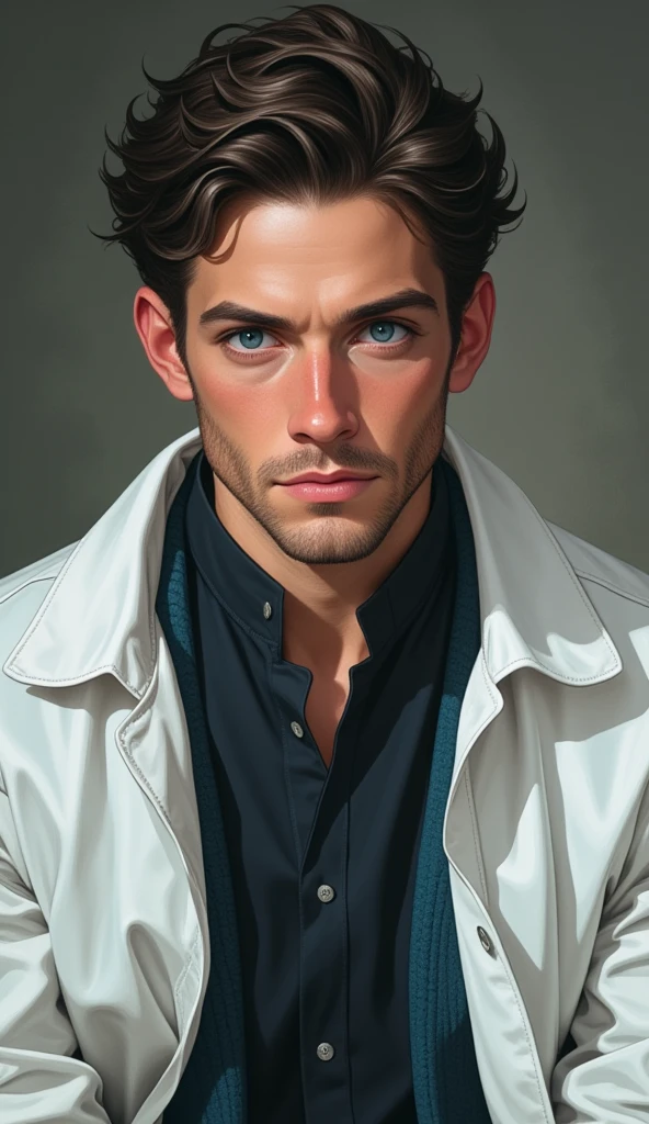 Rodric Aenstein, com 40 anos, has short dark brown hair, unshaven, olhos azuis, fair skin and a medium build, often dressed in a lab coat and casual wear.
