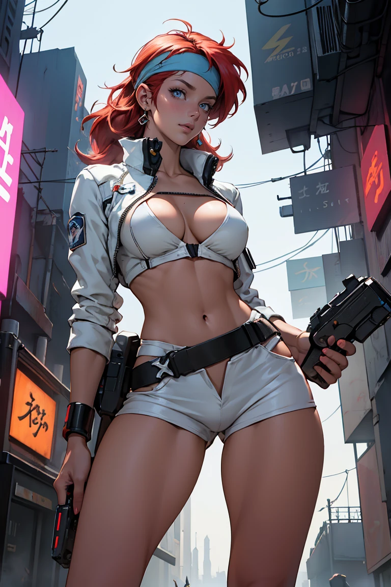 ((Masterpiece, highest quality; 1.3)), super quality, beautiful detail, super detailed, extra fine, 16K, exquisite, absurd, high resolution, beautiful background, detailed background, beautiful eyes, beautiful skin, anime style, Kay from Dirty Pair in a white outfit, tight outfit, cleavage, bushy redhead beauty, very light blue uniform, wearing tight clothes, skimpy, (mid chest: 1.2), cleavage, cleavage, slim waist , thin waist, slim thighs, thin legs, slim legs. thigh gap, showing stomach, skinny, thin hips, cyberpunk city background, holding retro space gun , headband, 