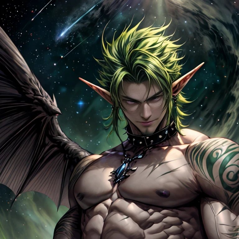 Zoro Roronoa with long messy green hair, silver eyes, and large green demon wings with a scaly, spiky design. He is accompanied by Kuina with short dark hair, bright Eyes, and white angel wings, big and full, with feathers that shine slightly. Both characters are in a landscape with a sky that mixes celestial and demonic elements., with a transition between night and dawn.