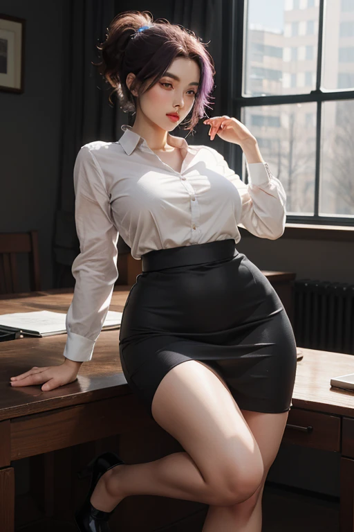(1girll:1.3), 独奏,__Body parts__, offcial art, 统一 8k 壁纸, ultra - detailed, Beautiful and aesthetic, big breasts beautiful, tmasterpiece, Best quality at best, primitive，tmasterpiece，ultra fine photos，best qualtiy，超高分辨率，Photoreality，rays of sunshine，stunningly beautiful，dynamicposes，delicated face，Energetic eyes，office room，detailed face with，opulent，milkyW，Highly detailed skin，Realistic details of skin，Visible Pore，Sharp focus，volume fog，8K  UHD，digital SLR camera，high qulity，filmgrain，White skin of the，Photo realism，secretary，short  skirt，open-shirt，(Bigchest:1.5)，[jennifer lopez:ichika:0.6]，navel，Enchanted smile，full-body portraits