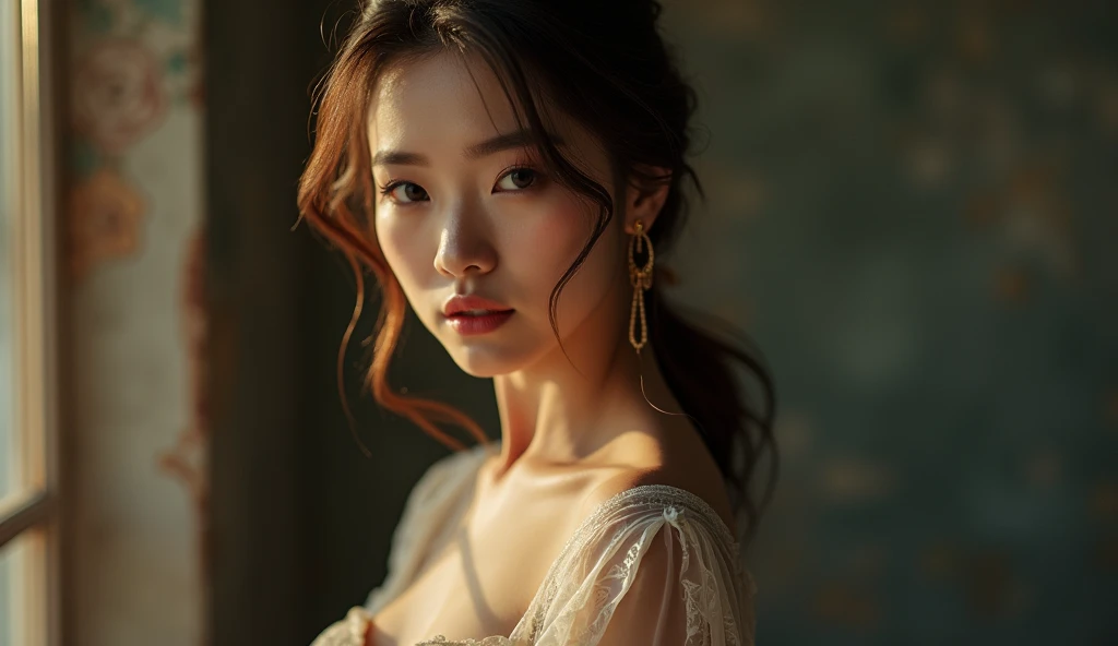 portrait, Vietnamese girl, emphasizing body curves, elegant pose, soft lighting, sharp expression, slightly tilted to the side, high quality, bright face