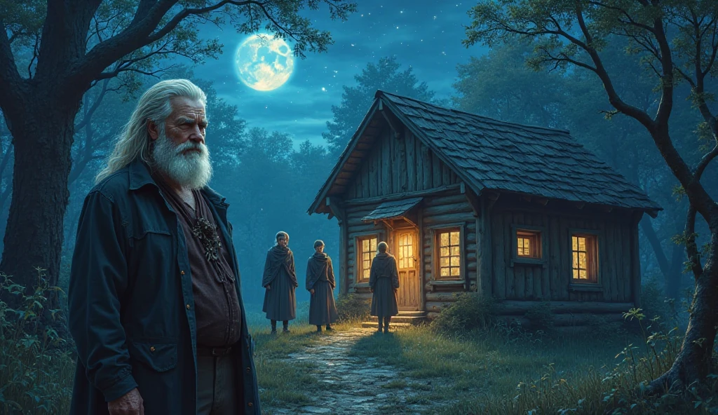 An old man, a rural man and three women in their thirties standing in the forest in front of an old rural house. The atmosphere is full of mystery and excitement at night and the sky is blue