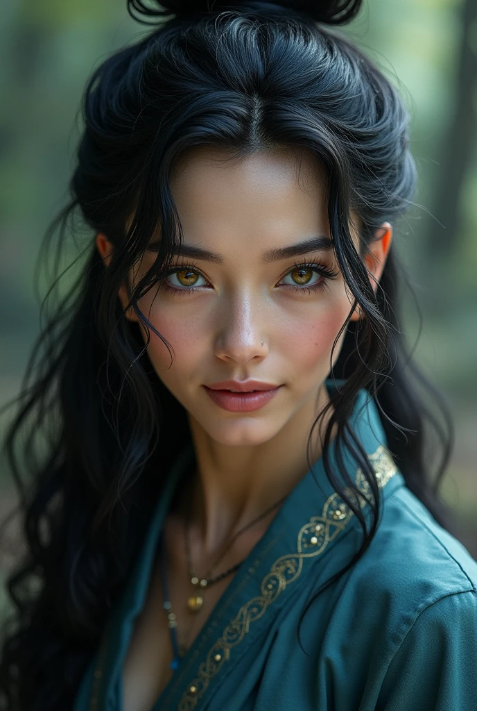Long black wavy hair, half up in bun. Golden eyes, water tribe clothes, smiling, confident, no lip stick 
