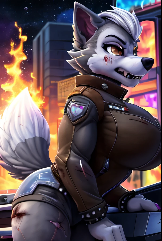 Gasket, ((Paw Patrol)), ((female solo)), domestic dog, female, adult female, brown eyes, (gray fur:1.65), ((gray body)), (wearing space outfit:1.25), ((sharp teeths)), ((large fangs)), brown eyes, (Shiny eyes:1.6), ((Pixar eyes)), perfect eyes, ((glowing eyes)), (hyper realistic:1.65), long fluffy tail, very large tail, tail up, very furry and fluffy, ((very large fangs)), perfect ligthing, (Cyberpunk city background:1.25), (fire at background:1.65), ((many hearts all over the screen)), (front side view:1.45), ((seductive break)), ((spread legs)), spread legs, (rajii:1.1) (dimwitdog:1.1), (thesecretcave:1.25), (cooliehigh:1.1), (miles-df:1.1), (complextree:1.1), (pixelsketcher:1.1), (foxovh:1.1), (zaush:1.1), (avante92:0.70), (meesh:1.1), (inu-sama:0.80), (cervina7:1.1), (F-R95:0.70), (R-mk:1.1), (xpray:1.1), (standing tall:1.65), (large fluffy tail:1.65), (close up to face:1.15), (angry expression:1.45), (nebula:1.45), (starry:1.45), (planet at sky:1.45), (hyper breasts:1.15), (wearing brown leather jacket:1.25), (anthropomorphic:1.45), (snarling:1.25), (wounded body:1.85), (scars all over her body:1.45), (some muscles:1.45), (strong female:1.35), (hyper breasts:1.25), (wolf assets:1.45)