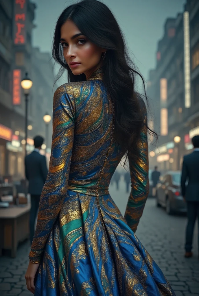 A striking portrait photograph, 9:16 aspect ratio, cinematic lighting (c 10), high detail (w 10), 500 sampling steps, of a young, slender Indian woman, 20-25 years old, with dark, expressive eyes and long, flowing black hair, adorned in a flowing, asymmetrical gown.  The gown is a masterpiece of optical illusion, its vibrant colors and patterns reminiscent of Vasarely's Op Art, featuring swirling blues, greens, and yellows in a dynamic interplay of lines and shapes.  The model's pose is graceful yet confident; she stands slightly angled, her weight balanced on one leg, one arm gently resting on a hip, her body subtly curved to emphasize her form. Her gaze is directed slightly away from the camera, conveying a sense of enigmatic allure. The background is a minimalist, abstract representation of a cityscape at dusk, rendered in muted greys and deep blues, creating a strong contrast with the vividness of the dress. The overall mood is sophisticated, evocative of a modern fashion editorial, captured with a shallow depth of field, emphasizing the model and the intricate details of her attire. The image is sharp and rich in texture, showcasing the smooth silk of the dress against the model's warm skin tone.  The style is contemporary fashion photography with a strong Op Art influence, employing a cinematic lighting setup for a dramatic effect. The lighting accentuates the texture and pattern of the clothes.  The image evokes a feeling of mystery and allure through its compositional choices and color palette.