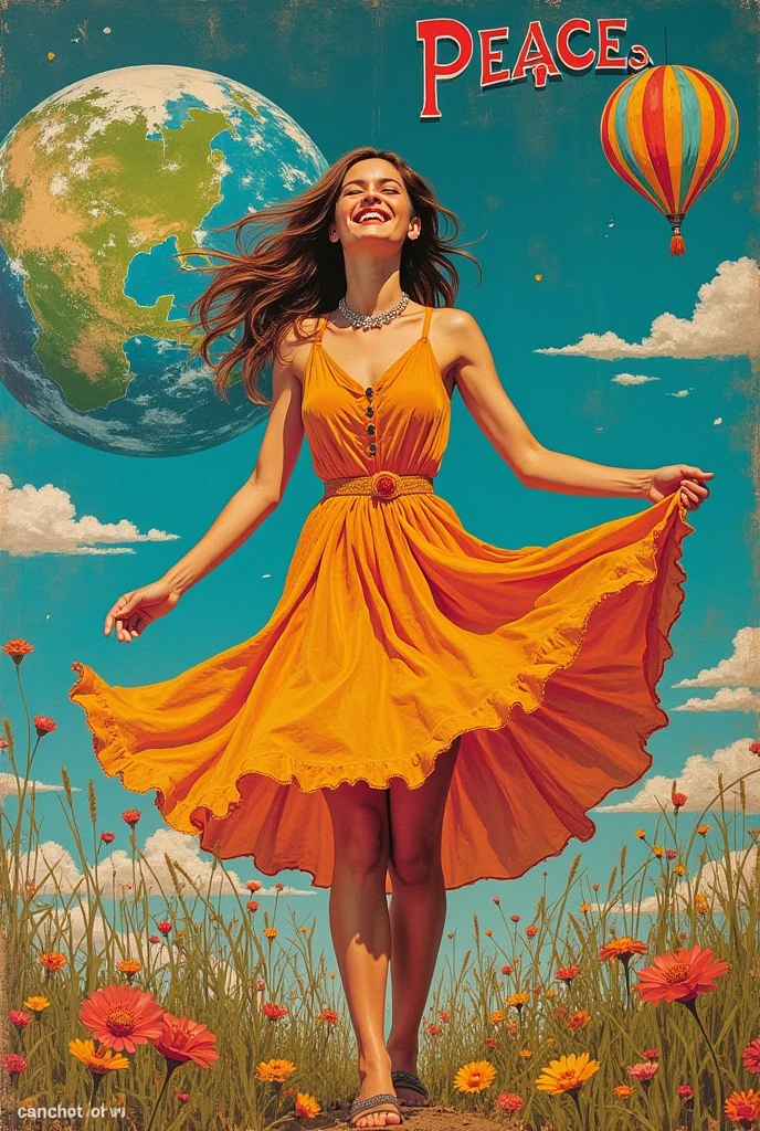 Collage art, magazine cutout, retro style, woman holding her skirt in the wind, happy expression on face, earth in background, art lettering with colorful ornament symbolizing peace.