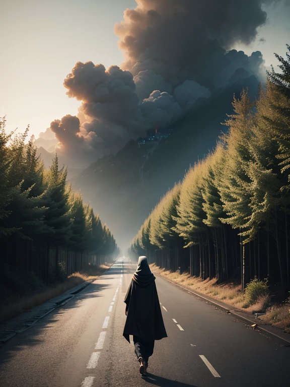 A woman from her back in black cloak and flowy hijab walking alone on a lonely road, the road looks so bad and yellow grey smokey, dark background, no lights, the road looks like no end and looks so messy with thick bushes, High Resolution, Best Quality, High Details, Award Winning, Blurry, Drop Shadow, Optical Illusion, Abstract Expressionism, Hyperdetailed, ???????????, 