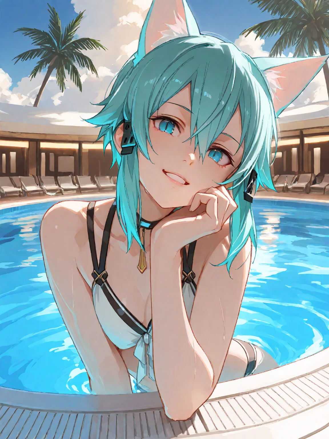 ((masterpiece)), ((best quality)), (ultra-detailed), pool, night, a cute girl, 1girl, solo, bikini, ((beautiful eyes)), smile