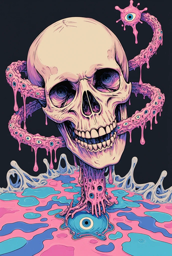 Human Skull House,fish,plant,flower,Tentacles,Eye、Starry Sky,Stitching together an abstract painting,Describing the inner world of autistic people,Sense of space,White Space,interesting,Innocence,Psychedelic Art,Pink theme