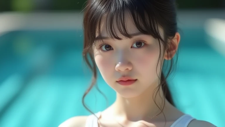 Top quality, masterpiece, cinematic lighting, girl, black hair, dark eyes, small breasts, facing up, hair tied up with a towel, smile, hot spring, there are about 3 people in the back