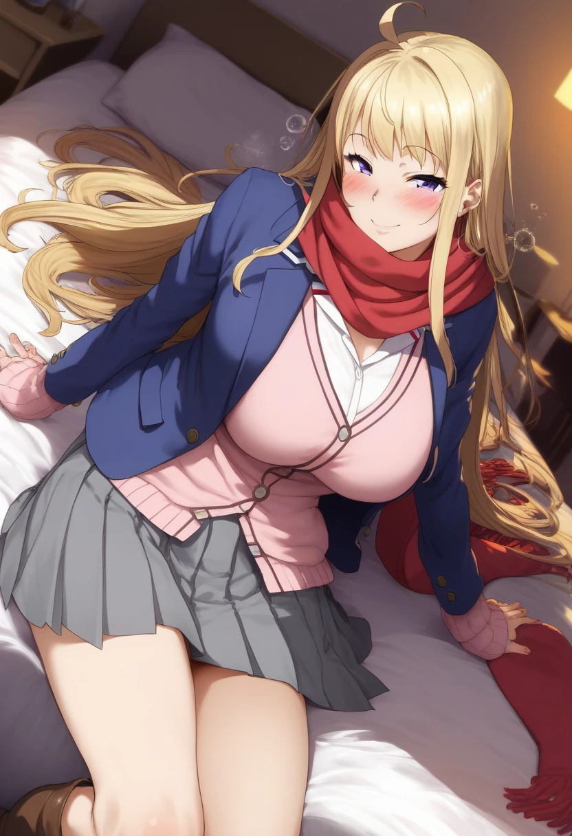 lying on back,spread legs,pussy line,show off nipples,topless,huge breasts,(masterpiece, best quality), 1girl, FuyukiMinami, FuyukiMinami, blue jacket, pink cardigan, cleavage, red scarf, grey skirt
