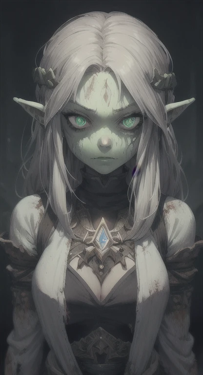 high-quality, ultra-detailed, white hair, long disheveled hair, colored skin, ((gray skin)) red eyes, glowing eyes, underground scene, large_breast, elf ears, pointed ears, blue aura, monster girl, monster girl, goth girl, goth makeup, pawg, tomboy, Dark, Ethereal, fantasy, details, style, gothic, melacholy, allusive, goblin girl, goblin girl, richly dressed, feline girl