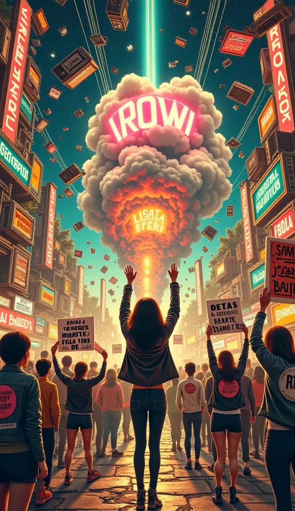 A dynamic and surreal retro collage uprising scene — vintage 1960s and 70s pop art elements clashing with symbols of rebellion and counterculture. A burst of old television sets, rotary phones, cassette tapes, and neon signs swirl around protesting figures in bell bottoms and leather jackets, holding colorful signs with bold, psychedelic fonts. Background filled with grainy textures, starbursts, comic book-style speech bubbles, and torn magazine clippings. Mix of muted sepia tones with explosive neon pinks, oranges, and blues. Energetic, chaotic, and artistic — like a visual riot from the past with a modern twist.