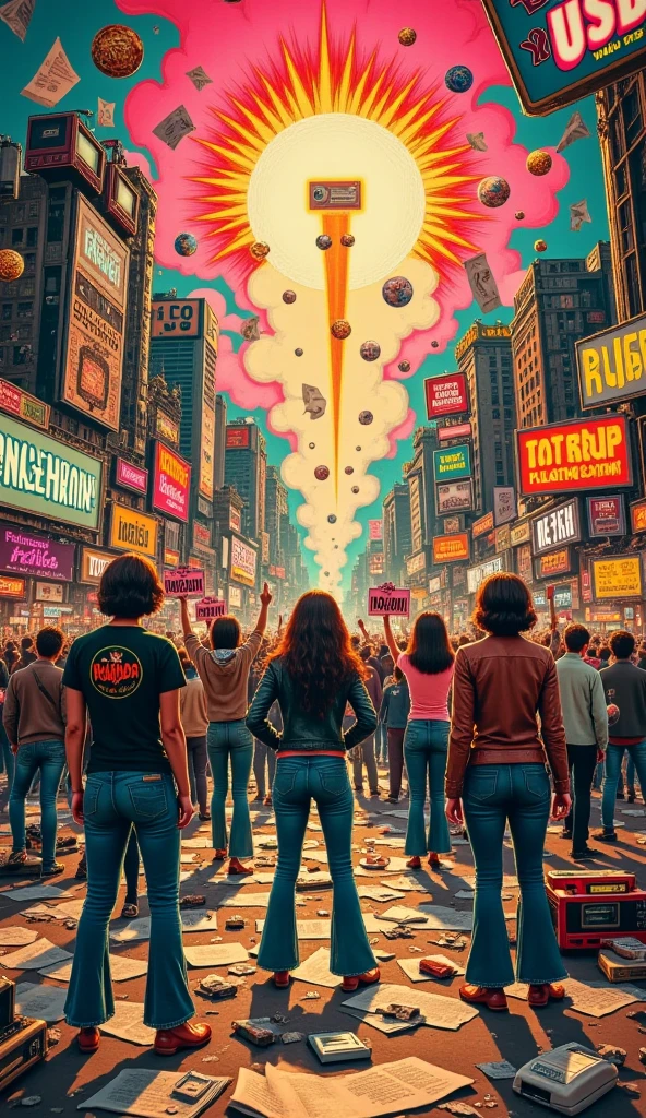 A dynamic and surreal retro collage uprising scene — vintage 1960s and 70s pop art elements clashing with symbols of rebellion and counterculture. A burst of old television sets, rotary phones, cassette tapes, and neon signs swirl around protesting figures in bell bottoms and leather jackets, holding colorful signs with bold, psychedelic fonts. Background filled with grainy textures, starbursts, comic book-style speech bubbles, and torn magazine clippings. Mix of muted sepia tones with explosive neon pinks, oranges, and blues. Energetic, chaotic, and artistic — like a visual riot from the past with a modern twist.