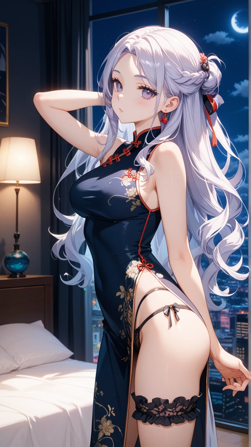 （masterpiece）、(highest quality)、((Super detailed))、(super delicate)、cute、Pastel colors hair、beautiful breasts、Gorgeous、fantastic sea of stars、Golden, silver and purple cheongsam