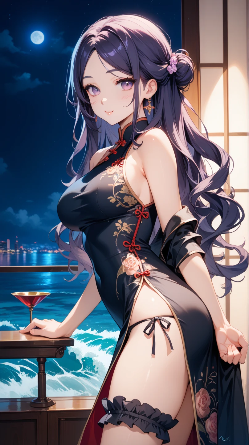 ((A sexy and beautiful woman holding a wine glass and looking at me on the terrace)), ((The cutest 22-year-old beauty)), Charming smile, ((Fireworks in the background) ), ((Very long hair) ), ((One piece with a lot of exposed parts)), ((Rich bust)), Gradient eyes, Seductive makeup, Single view, NFFSW, UHD, Retina, Masterpiece, Accurate, Anatomy Scientifically correct, textured skin, super detail, high detail, high quality, award winning, highest quality, high resolution, 1080P, HD, 4K, 8k, 16k
