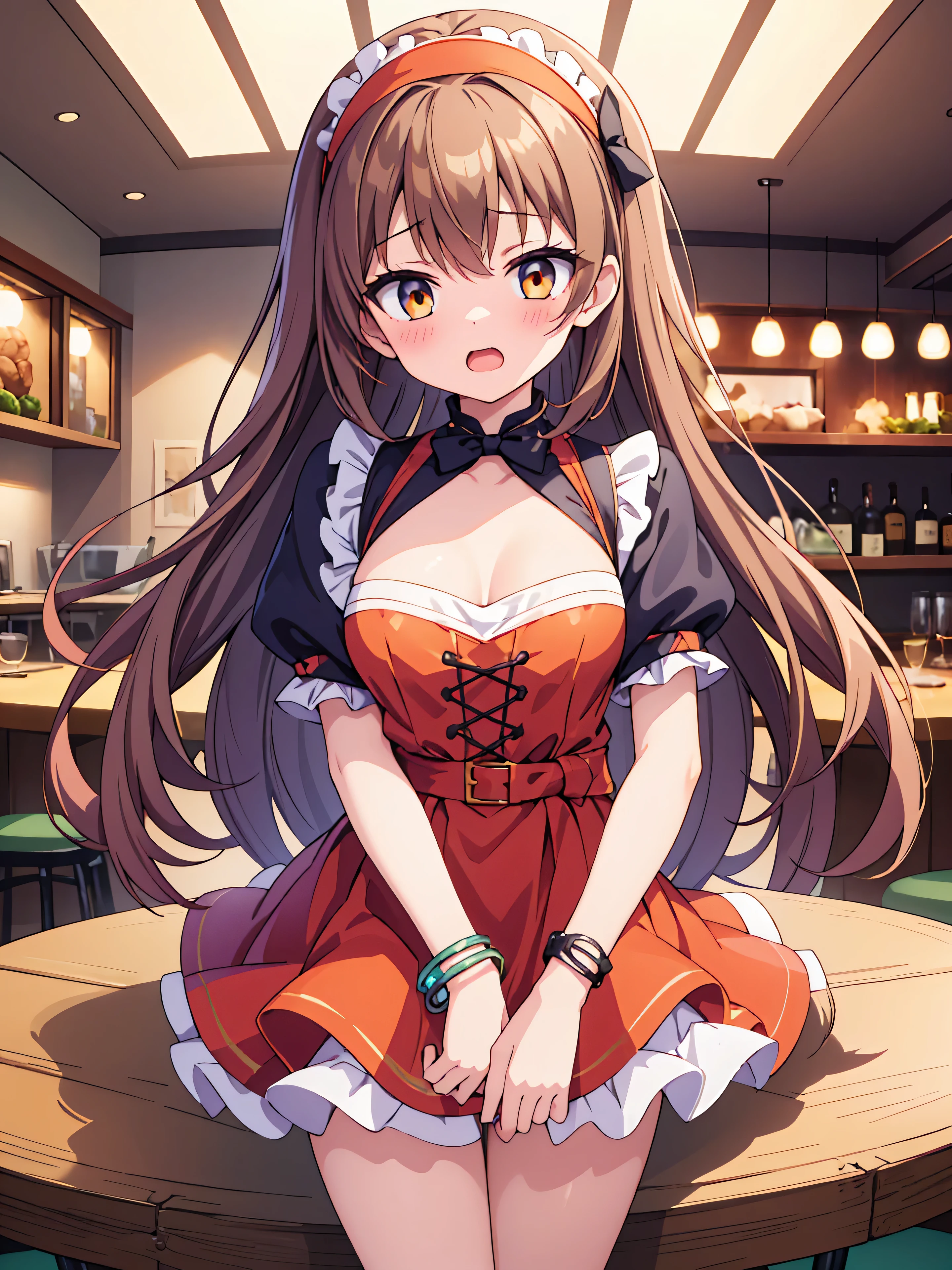 Highly detailed, high quality, masterpiece, beautiful, (all photo shooting), girl student, perfect eyes, orange eyes, light eyes, blushing face, screaming, embarrassed, big thighs, medium chest, short stature, long hair, light brown hair, with bracelet on hand, bow in hair, headband, waitress outfit, with panties stuck between vagina, shows full panties, sexy, background image in ultra-modern restaurant