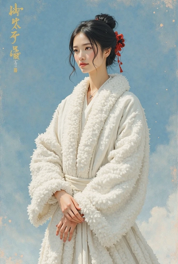 The image depicts a classic style painting of a person in a fluffy white robe, can represent traditional dress. detailed illustration, represents the costume with soft brush strokes, using uses shades of black and gray to create texture and depth. The person's hand is visible, elegant furnishings, giving the impression of contemplative or purposeful gestures. Blue sky background, with poem "rush to buy green afraid of missing the ship, rush to sell the floor afraid of deep reduction, rush to buy, rush to sell, hurried investment hurried durian..." next to the picture. soft light, enhances the serenity and inner atmosphere of the artwork.