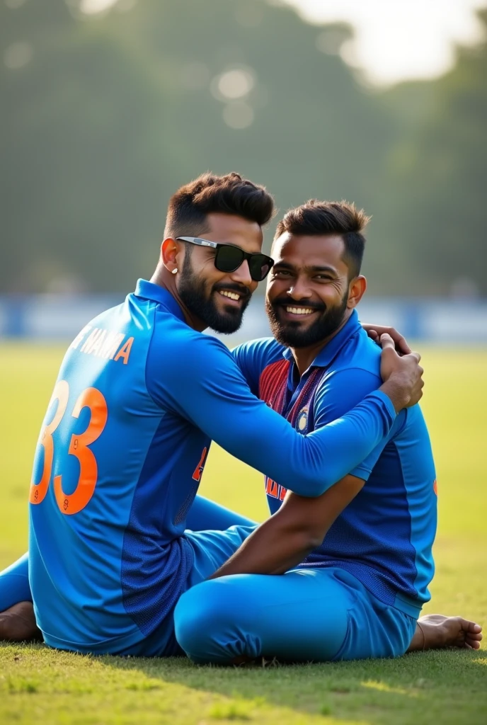 Two cricket players named aman with gercy no 14 and samip 18 in nepali cricket red gercy hugging showing jercy with printed name from back side