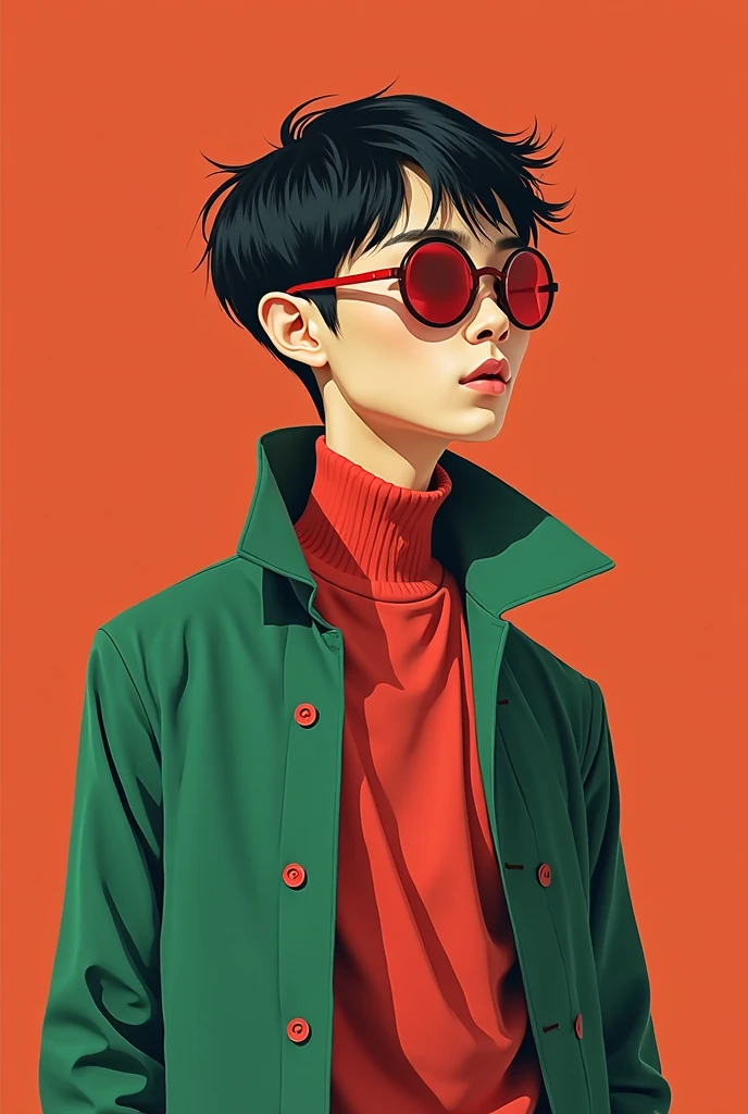 close-up of a person in red clothes and green coat, inspired by Russell Dongjun Lu , terinspirasi oleh yanjun cheng, by Russell Dongjun Lu ,  Colorful ! Character Design, Cai Xukun, by yanjun cheng, Inspired by Zhang Han, yanjun cheng, flat graphic style, inspired by Hsiao-Ron Cheng