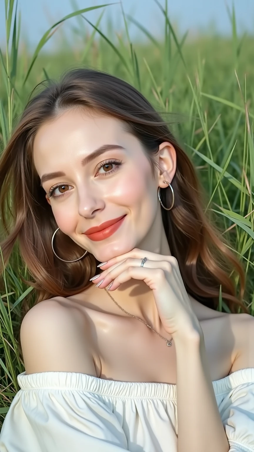 Woman lying in a comfortable position on a green hill,The white dress is attractive,A little bit of wind,Hair texture is affected by wind,Dress is affected by wind,Grass is affected by the wind,beautiful facial features of a woman, Relaxed expression ,Natural Pose,high quality,Masterpiece,extremely detailed,Realistic,pictures,HDR,UHD,Studio Light,Extremely Precise Painting,clear focus,physically-based rendering,professional-grade,Takemoto Arashi,Bokeh,peaceful atmosphere,Soft Tones,Women's elegance