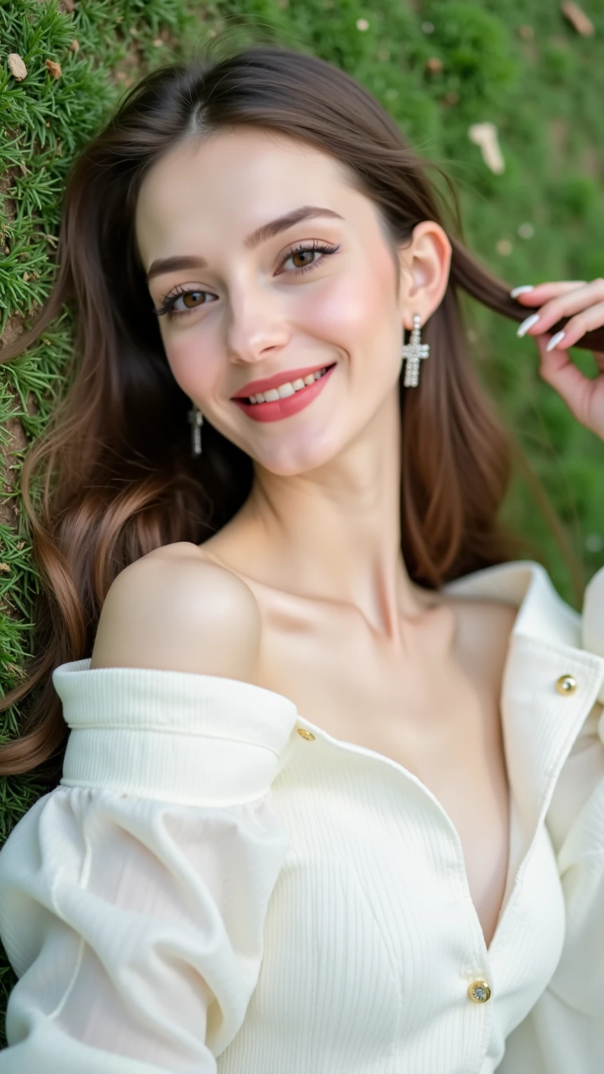 Woman lying in a comfortable position on a green hill,The white dress is attractive,A little bit of wind,Hair texture is affected by wind,Dress is affected by wind,Grass is affected by the wind,beautiful facial features of a woman, Relaxed expression ,Natural Pose,high quality,Masterpiece,extremely detailed,Realistic,pictures,HDR,UHD,Studio Light,Extremely Precise Painting,clear focus,physically-based rendering,professional-grade,Takemoto Arashi,Bokeh,peaceful atmosphere,Soft Tones,Women's elegance