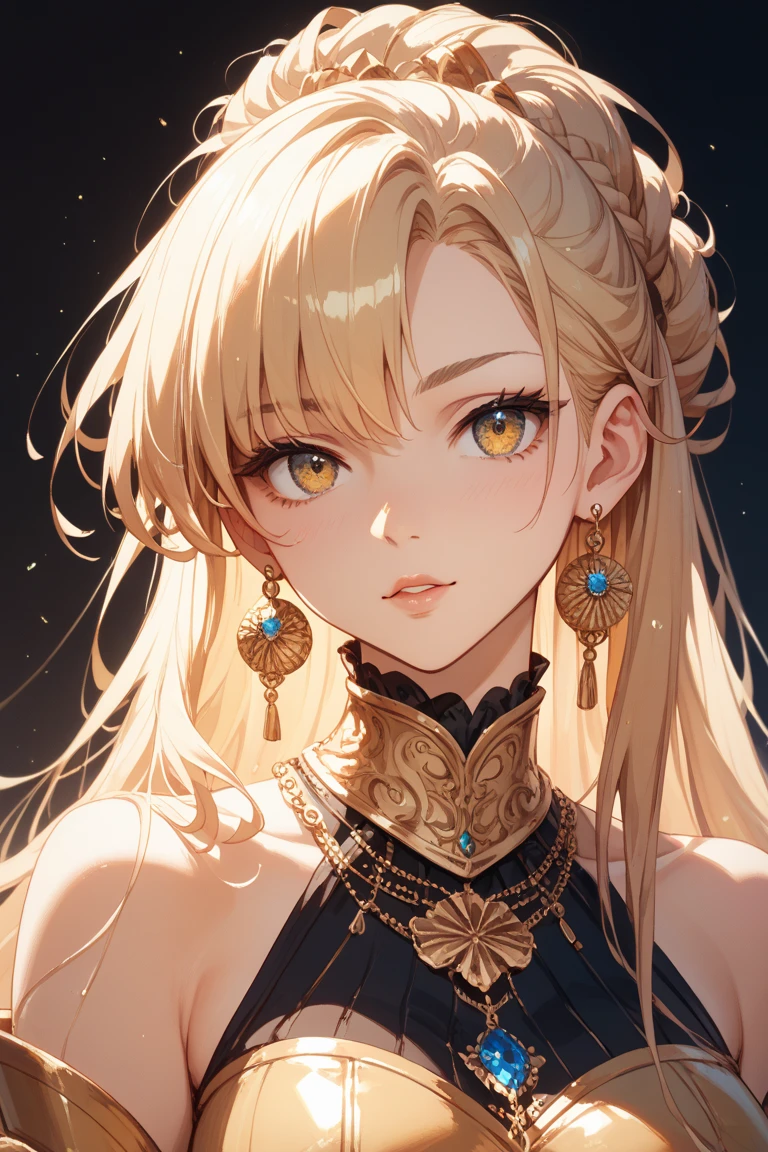 Gold　female　スペースコブラのfemaleキャラ　The hairstyle is straight to the shoulders　The eyes are slightly narrow　Long face　Hide only the top of the bust and increase exposure