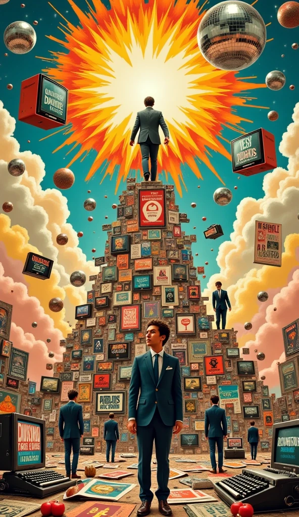 A dynamic and surreal retro collage uprising scene — vintage 1960s and 70s pop art elements clashing with symbols of rebellion and counterculture. A burst of old television sets, rotary phones, cassette tapes, and neon signs swirl around protesting figures in bell bottoms and leather jackets, holding colorful signs with bold, psychedelic fonts. Background filled with grainy textures, starbursts, comic book-style speech bubbles, and torn magazine clippings. Mix of muted sepia tones with explosive neon pinks, oranges, and blues. Energetic, chaotic, and artistic — like a visual riot from the past with a modern twist.