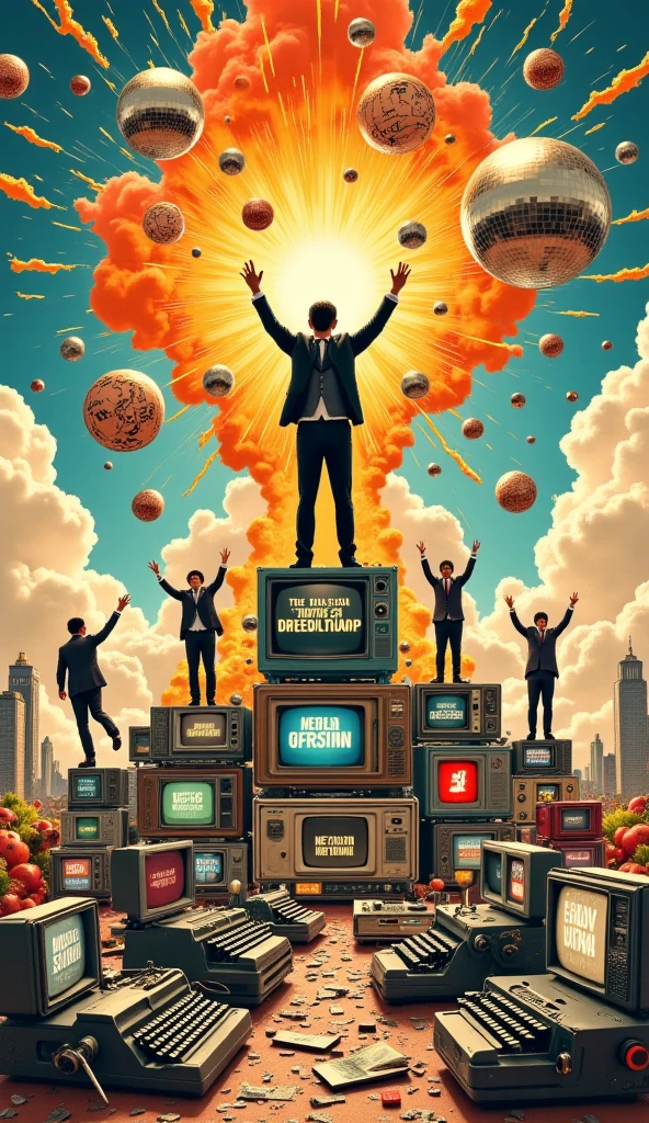 A dynamic and surreal retro collage uprising scene — vintage 1960s and 70s pop art elements clashing with symbols of rebellion and counterculture. A burst of old television sets, rotary phones, cassette tapes, and neon signs swirl around protesting figures in bell bottoms and leather jackets, holding colorful signs with bold, psychedelic fonts. Background filled with grainy textures, starbursts, comic book-style speech bubbles, and torn magazine clippings. Mix of muted sepia tones with explosive neon pinks, oranges, and blues. Energetic, chaotic, and artistic — like a visual riot from the past with a modern twist.