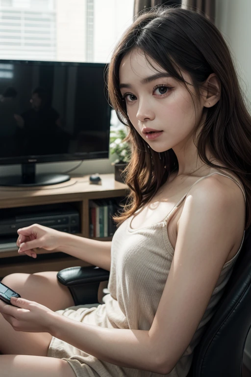 Realistic pretty Singaporean teenage girl, dark hair tied, erotic, sleeveless chemise white sheer deep slit, pokies, flat chest, small breast, thigh, groin, bare feet, sweat, moist, kneeling in office, legs spread, waiting for punishment by boss