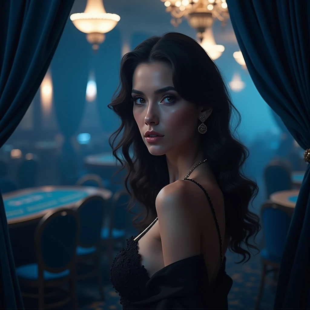 create a picture of a beautiful woman on a blue casino background
