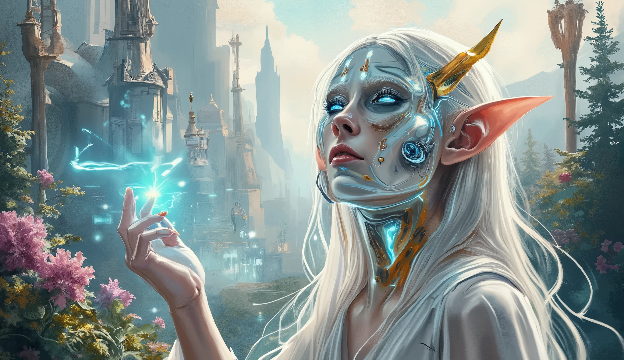 digital paint, surreal fantasy, scifi, watercolor, A view of a futuristic city inhabited by elves, some of them with cyber prostheses, in detail a futuristic elven city with magnificent glass buildings with golden details, The city is wooded and there are many flowers, at the same time transparent neon signs with inscriptions appear everywhere, In the midst of the movement of the city in detail a cyborg elf, Your face has some golden implants that shine in the sun, His eyes glow neon blue, Your clothes are white your long white hair flies in the wind, And he's casting a spell, and your hands glow blue, With the energy of magic.