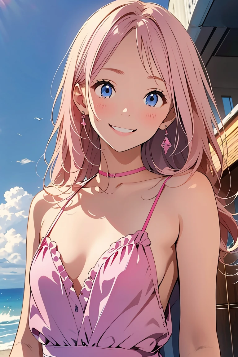 (masterpiece:1.4、top-quality、illustration:1.4,realistic、)、(character focus、,upper body:1.3)、(1girl),(happy smile:1.3),(cute),cute face,blue eyes、(from above)、
,(stand:1.4),(pink blonde　hair),
,(slender),（loose dress:1.3),
(wavy hair), (flat chest:1.3)、
、slender、