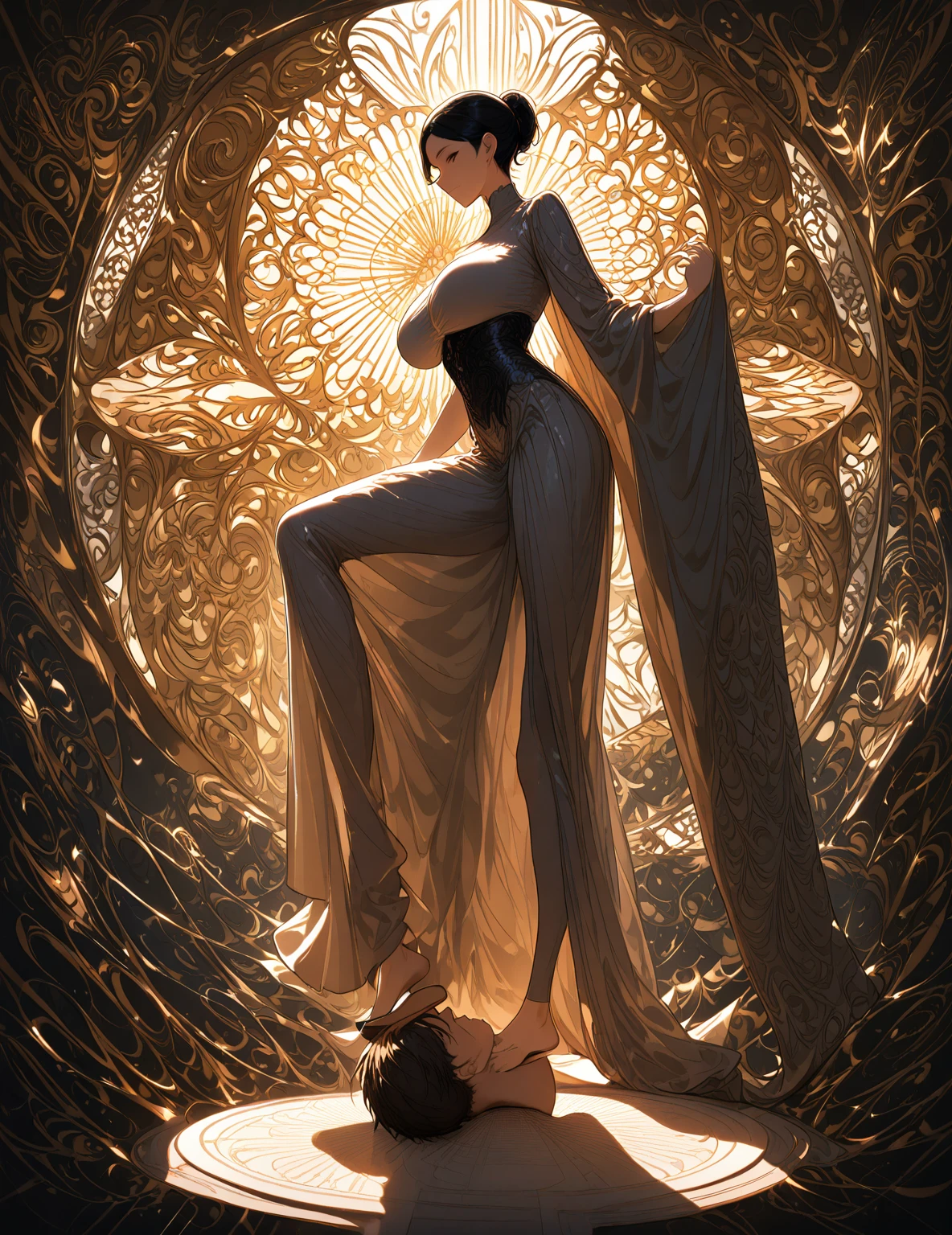 ((A beautiful, sexy, tall wife with big breasts is looking down on her husband, who is very short, thin, and severely weakened. The woman's foot is stepping on the man's head)), the woman and man make eye contact, the woman is laughing cruelly and the man is laughing servilely.(Rating: Safe), LWRD, CFNM, FEMDOM, masterpiece, best quality, detailed background, all intricate, illustration, incredibly absurd res, absolutely resolution, ultra high res, 8k, extremely beautiful CG, high definition pictures, raytraced, textile shading, sharp focus, dynamic lighting, cinematic deep shadows, Entire sharp focus, raw photos, perfect anatomy, 