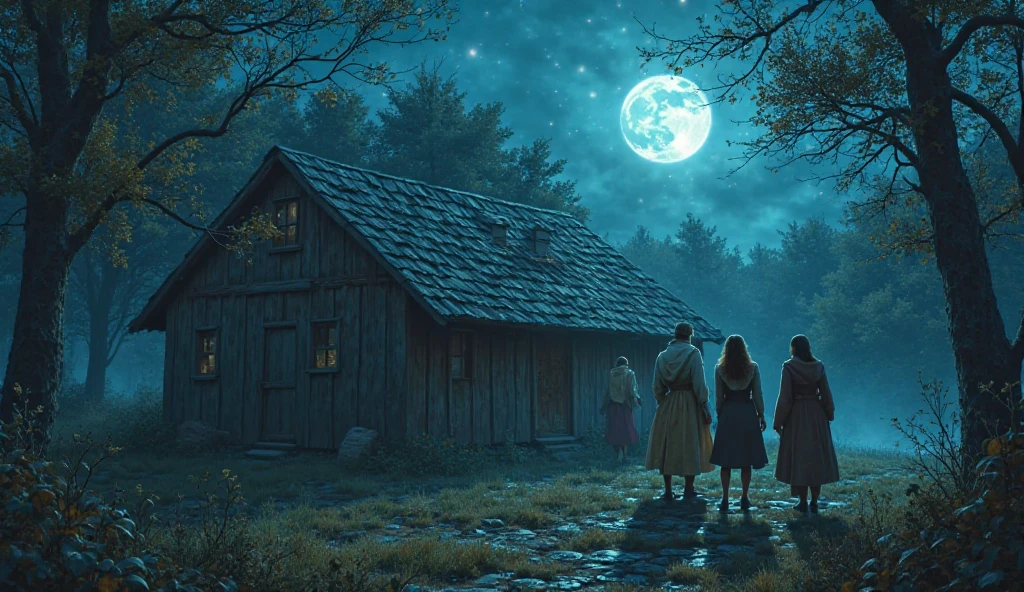 An old man, a rural man and three women in their thirties standing in the forest in front of an old rural house. The atmosphere is full of mystery and excitement at night and the sky is blue