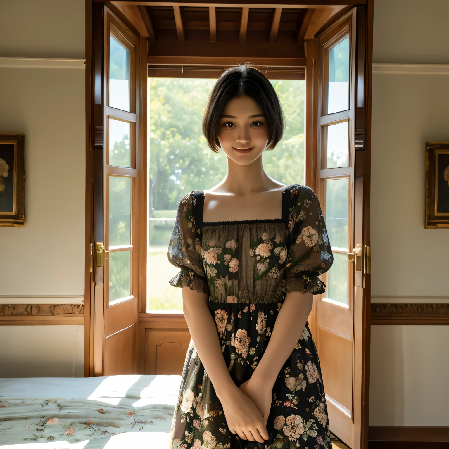 373 (20 year old women, 20 year old male ),(Shorthair),(gentle smile),(high quality photos),(Leonardo da Vinci),(floral dress),(A room with a large painting),((Contrast of Light and Dark))