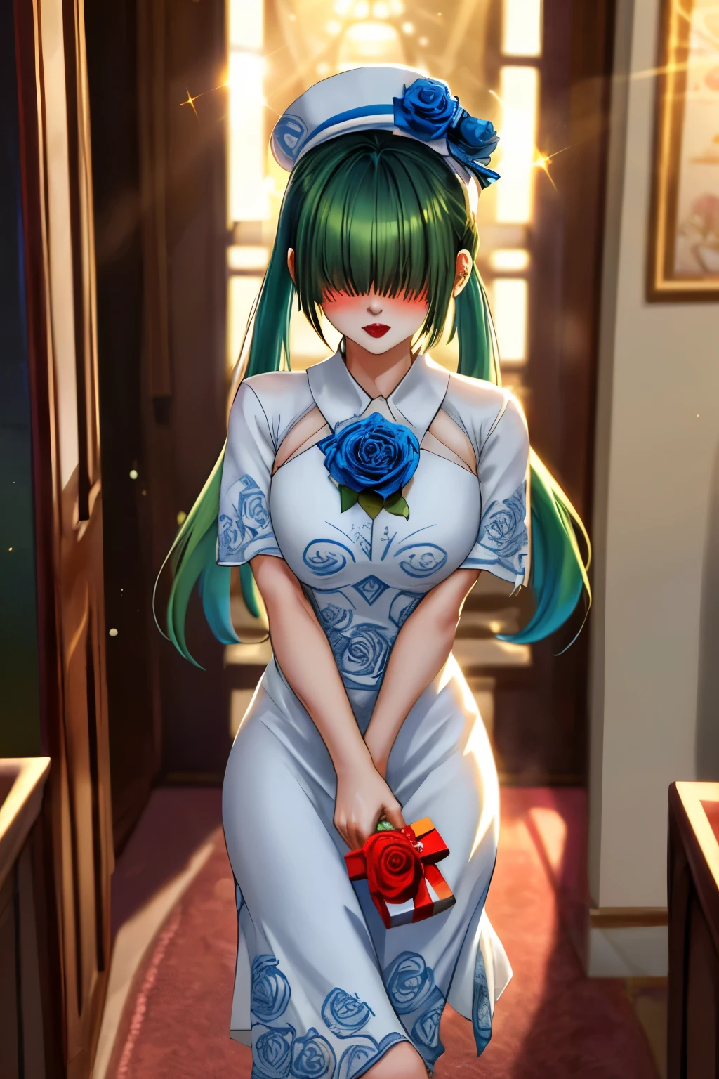 1 sexy anime manga girl, buxom, large breasts, long green hair with bangs covering her eyes, twin ponytails, anatomically_correct_fingers, she is wearing a (((white dress with blue rose pattern on it1.3))), mini rainbow top hat, face blush, makeup, red lips, ((giving a gift wrapped present)), best quality, very detailed, dynamic posing, sparkle, god rays, shining light, Pixar, walking through door, her hair is colored green, fantasy rpg game style