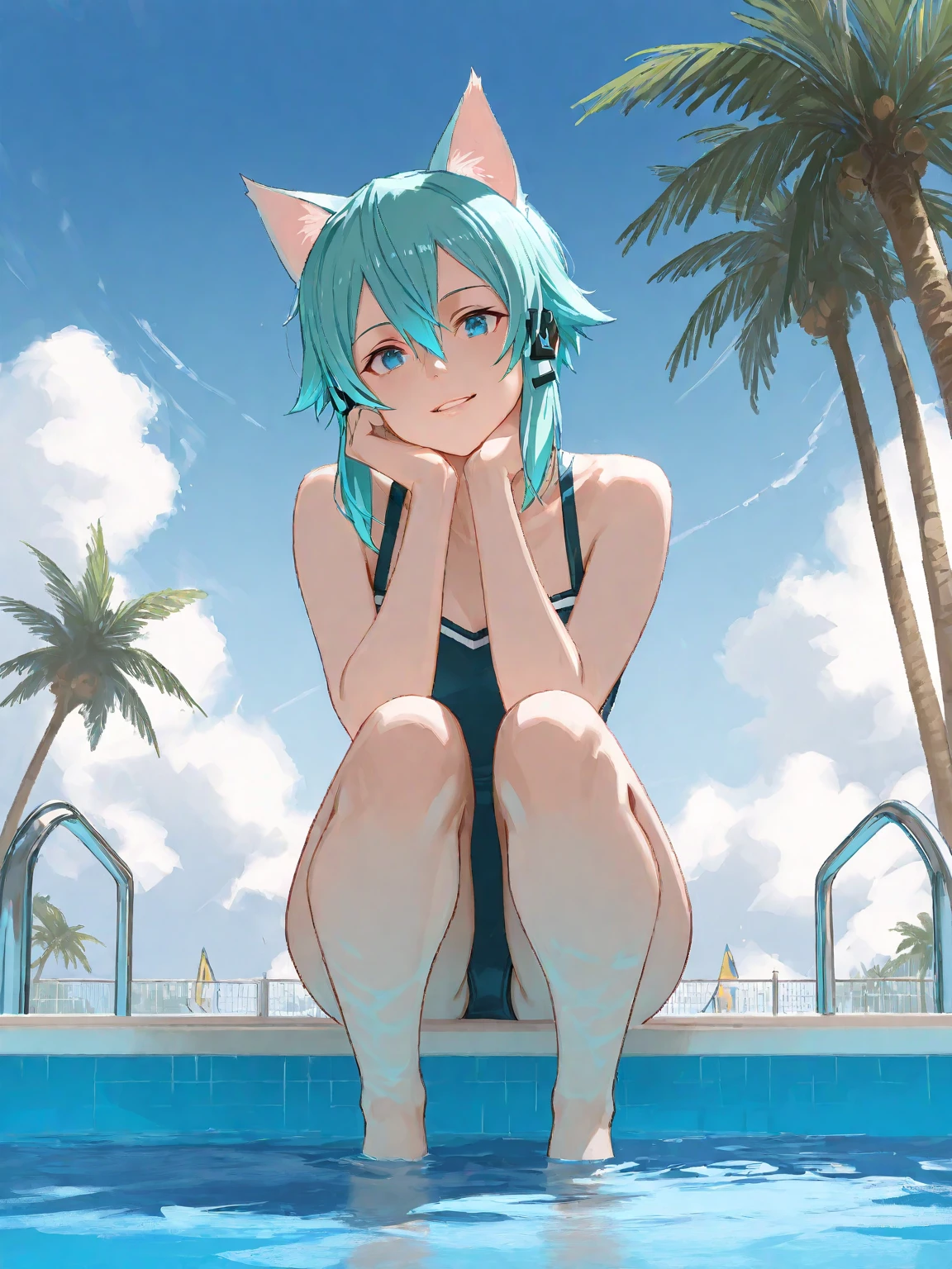 (Masterpiece, Slim Body, Delicate Fingers: 1.2), Best Quality, (Illustration: 1.2), (Hyper Detail), Eye Focus, Ultra Detail, (Fine Detail), (Intricate Detail), HDR, (Ultra Detail: 1.15), (Soft Light: 1.2), 1girl, (naked:1.5), (White hair and blue highlights),cyan eyes, medium, short hair, solo, (small breasts:1.3), masterpiece, (blushing:1.1), best quality, highly detailed, (:1.5), fullbody image, kwaii, (blue inner hair:1.2), (beach background:1.5), (two-tone hair:1.5), (panting:1.2), (blushing face:1.4), (moaning:1.5), (orgasmed face:1.5), (crotch rub:1.5), (table humping:1.5), (table masturbation:1.5), (panting:1.2), (blushing:1.3), (pussy juice:1.5), (wet pussy:1.5), (table:1.5), (perfect hands, perfect anatomy), (orgasmed face:1.5), (cat ears:1.4), (cat tail:1.5)