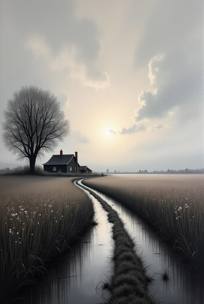 A piece of rural field,It was raining lightly,detailed realistic 4K HD realistic oil painting landscape,Soft shades of black and white gray,Quiet and quiet country path,Cottage hidden in the distance,Moist mud aroma after rain,Soft light in the afterglow of the sunset,Canvas material with natural texture,Sophisticated detail,Vivid realistic expressiveness