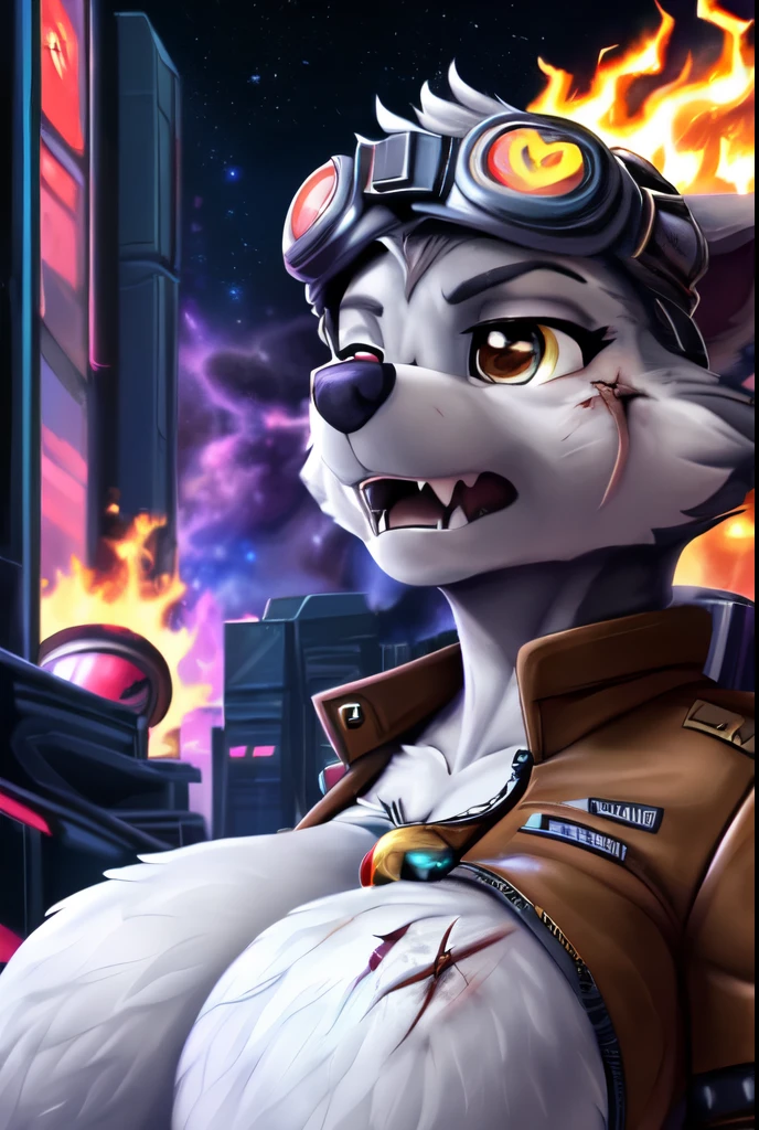 Gasket, ((Paw Patrol)), ((female solo)), domestic dog, female, adult female, brown eyes, (gray fur:1.65), ((gray body)), ((sharp teeths)), ((large fangs)), brown eyes, (Shiny eyes:1.6), ((Pixar eyes)), perfect eyes, ((glowing eyes)), (hyper realistic:1.65), long fluffy tail, very large tail, tail up, very furry and fluffy, ((very large fangs)), perfect ligthing, (Cyberpunk city background:1.25), (fire at background:1.65), ((many hearts all over the screen)), (front side view:1.45), ((seductive break)), ((spread legs)), spread legs, (rajii:1.1) (dimwitdog:1.1), (thesecretcave:1.25), (cooliehigh:1.1), (miles-df:1.1), (complextree:1.1), (pixelsketcher:1.1), (foxovh:1.1), (zaush:1.1), (avante92:0.70), (meesh:1.1), (inu-sama:0.80), (cervina7:1.1), (F-R95:0.70), (R-mk:1.1), (xpray:1.1), (standing tall:1.65), (large fluffy tail:1.65), (close up to face:1.15), (angry expression:1.45), (nebula:1.45), (starry:1.45), (planet at sky:1.45), (hyper breasts:1.15), (wearing brown leather jacket:1.25), (anthropomorphic:1.45), (snarling:1.25), (wounded body:1.85), (scars all over her body:1.45), (some muscles:1.45), (strong female:1.35), (hyper breasts:1.25), (wolf assets:1.45), (wearing spike wristband:1.25), (wearing long goggles over head:1.65), white hair, hair over eyes