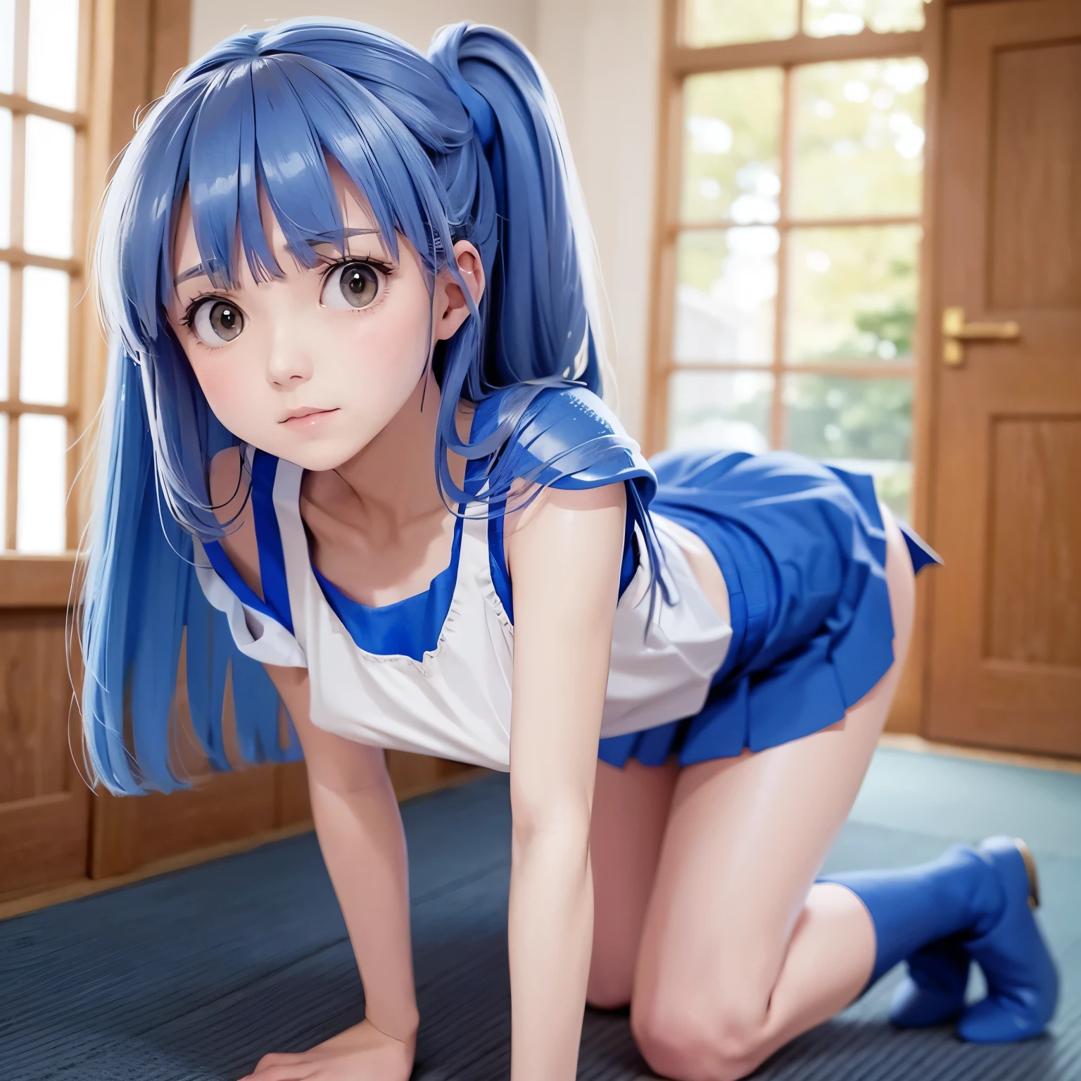 (((SFW、sound、Highest quality、 Super Horrible Leotard 、 、8k、 Detailed Faces 、 super high accuracy 、 normal hand、通常See also、5See also、Highest)))、 beautiful girl standing stunned、 black hair、 Long cut from the front、slender、 The length is short 、太いfeet、Arles、Squishy4、 girl、magician、Blue short sleeve shirt、 white tank top 、 Tank top shirt、 blue miniskirt、Half shoulder pad、 Short sleeve 、、dungeons、 feet 、torn clothes、 torn tank top 、 torn shirt 、torn skirt、 I turned my skirt upside down、 has a ragged skirt 、 I can see his white pants 、 have broken.、Exposed Muscle、leg that stands on the podium、A plump figure、gets on all fours、 put your face on the floor