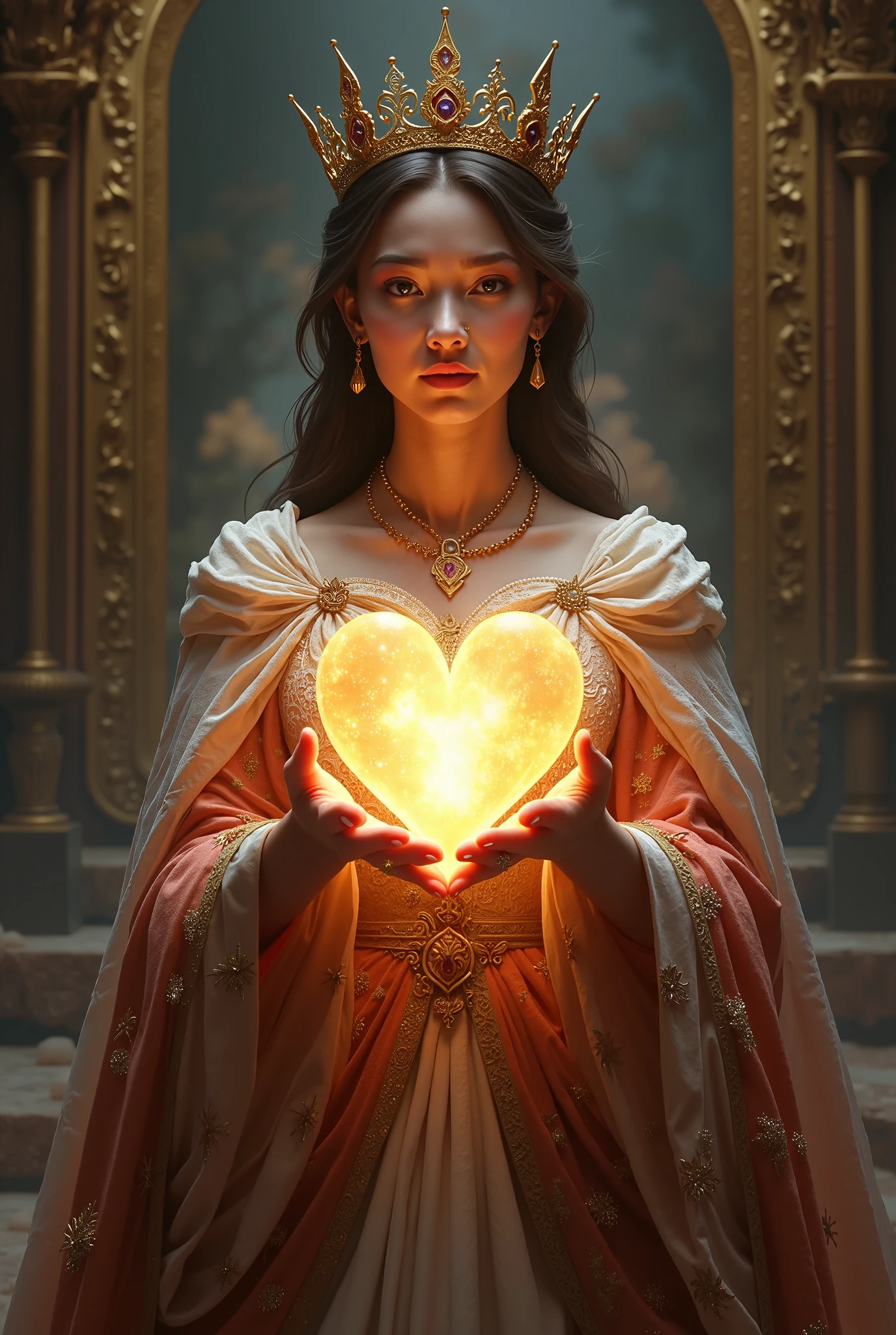 a queen holding a love heart with shine 