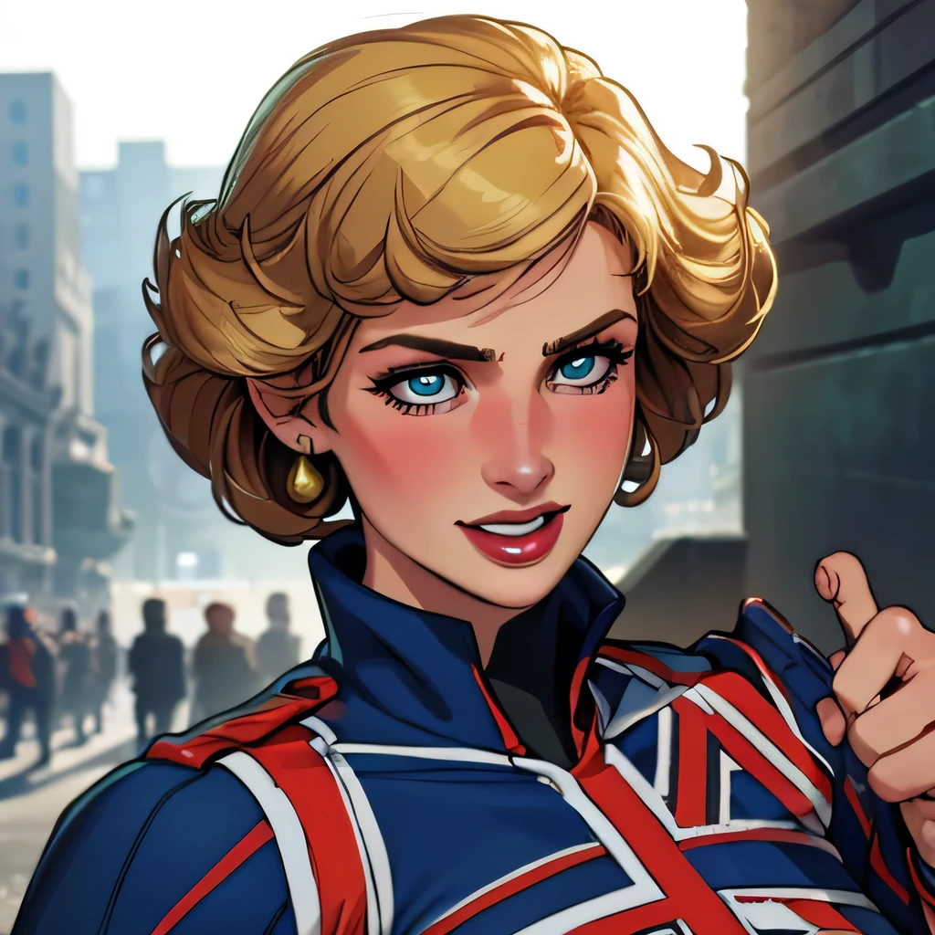 (masterpiece:1.3), (8K, Realistic, RAW Photos, Highest quality: 1.4), (One Girl), Beautiful Face, (Realistic Face), Beautiful Hairstyles, Realistic eyes, Beautiful details, (Realistic Skin), Beautiful Skin, Absurd, charm, Ultra-high resolution, Ultra-realistic, Very detailed, Golden Ratio, (Best Shadow), Cinematic, (Complex:1.4), High Contrast, Side lighting, ((Princess Diana)), (laughing), ((Accurate hands and fingers)), ((captain Britain)), Caucasian female, (Blonde Hair, short hair:1.3), (she have UnionJack costume), (UnionJack round shieldを構える), BREAK ((全身を写す))